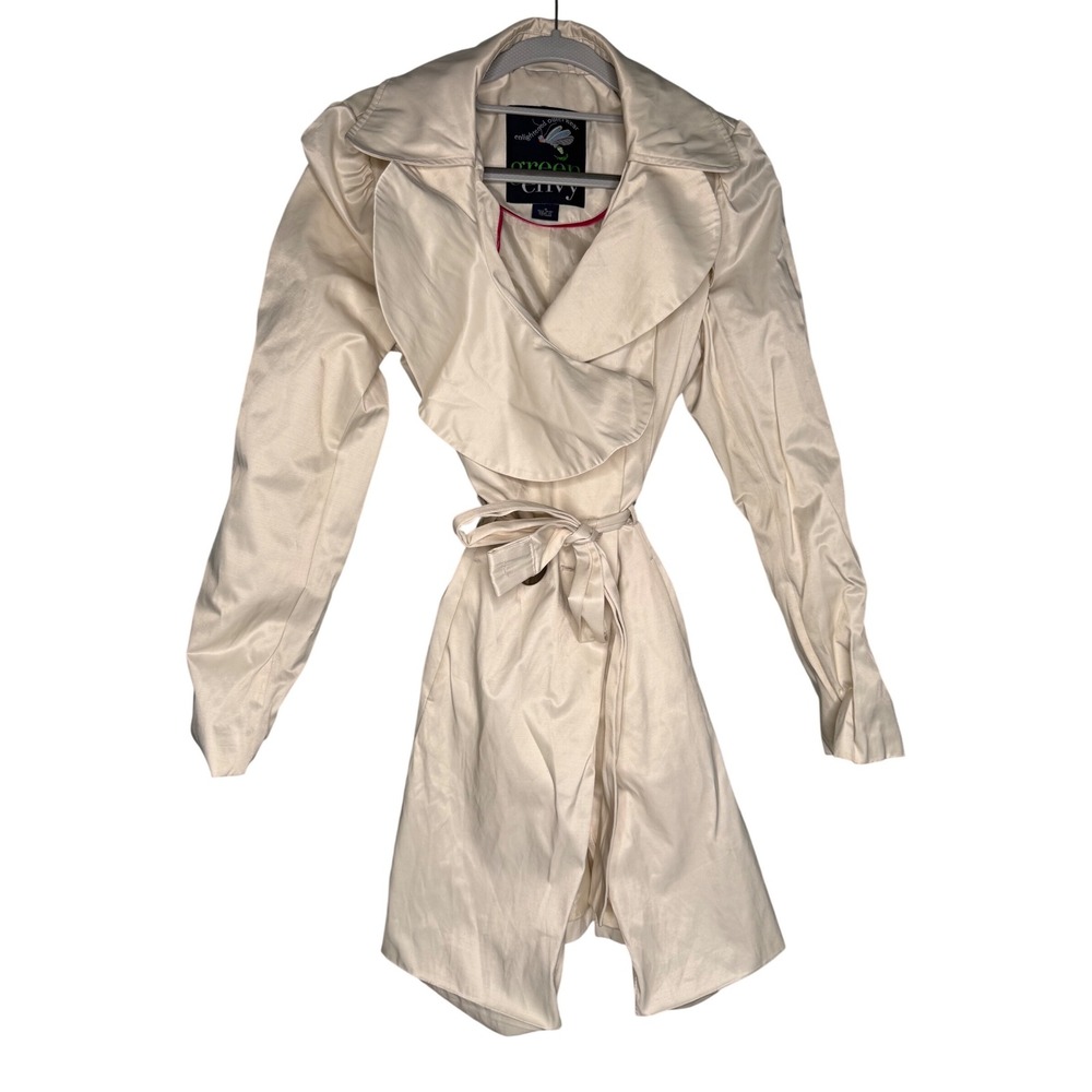 Green with Envy‎ ruffle collar tie belt cream trench coat